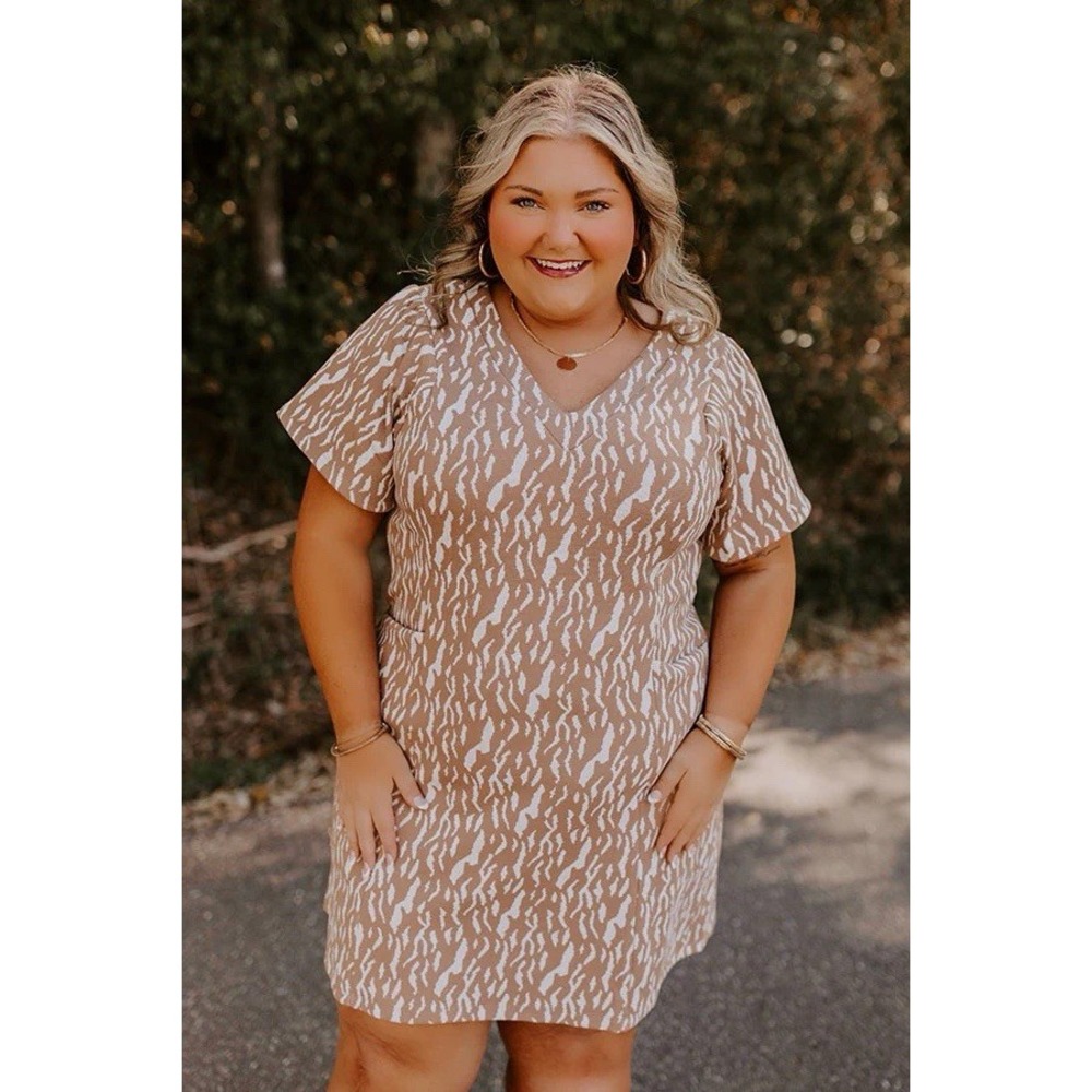 Anniewear Dress Size 1X Beige Taupe White Animal‎ Tiger Print Mini ALine Chic